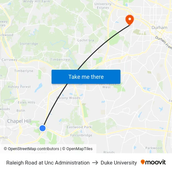 Raleigh Road at Unc Administration to Duke University map
