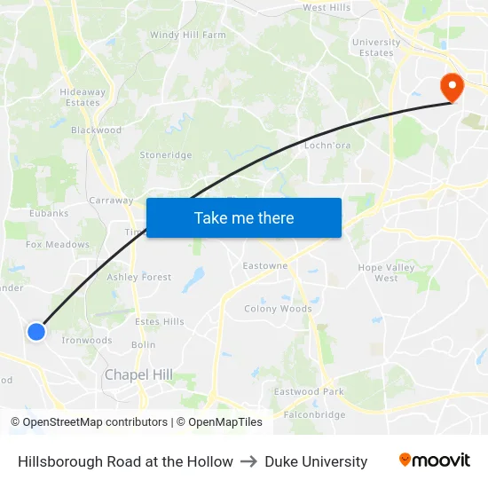 Hillsborough Road at the Hollow to Duke University map