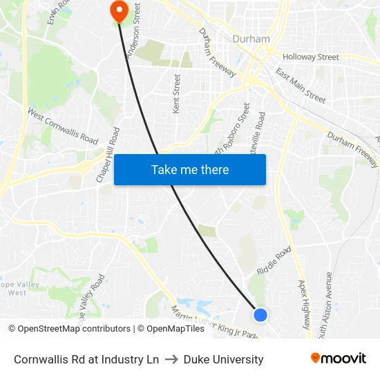 Cornwallis Rd at Industry Ln to Duke University map