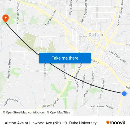 Alston Ave at Linwood Ave (Nb) to Duke University map