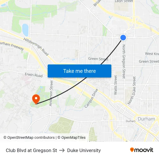 Club Blvd at Gregson St to Duke University map