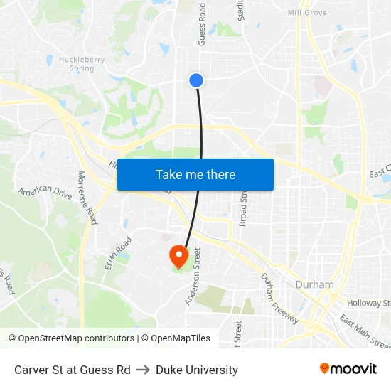Carver St at Guess Rd to Duke University map