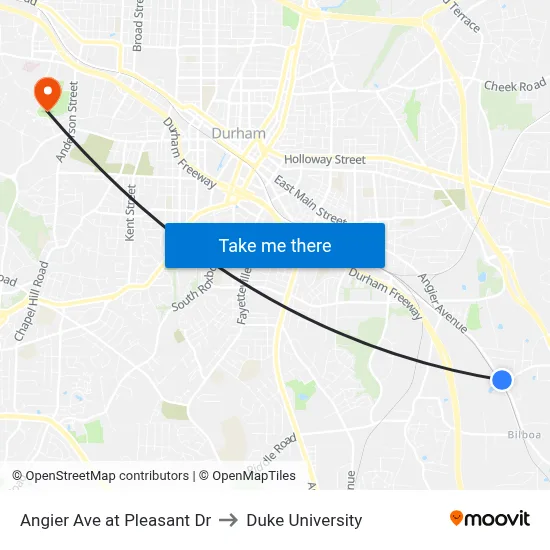 Angier Ave at Pleasant Dr to Duke University map