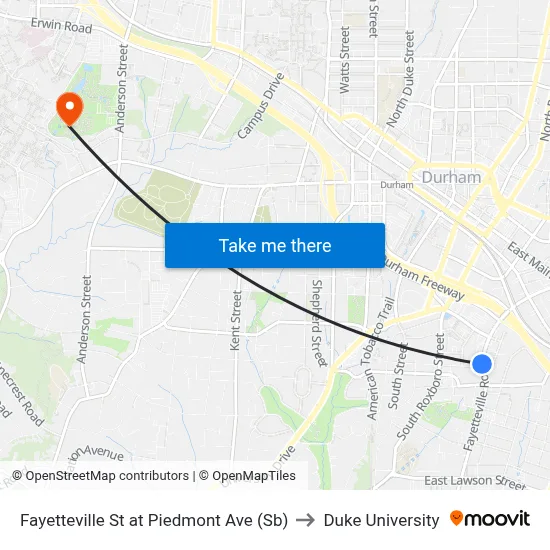 Fayetteville St at Piedmont Ave (Sb) to Duke University map