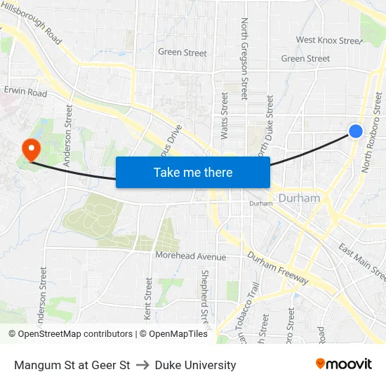 Mangum St at Geer St to Duke University map