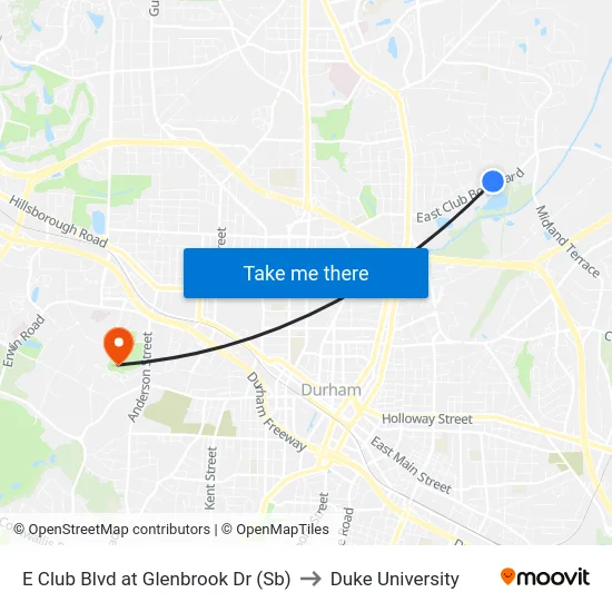 E Club Blvd at Glenbrook Dr (Sb) to Duke University map