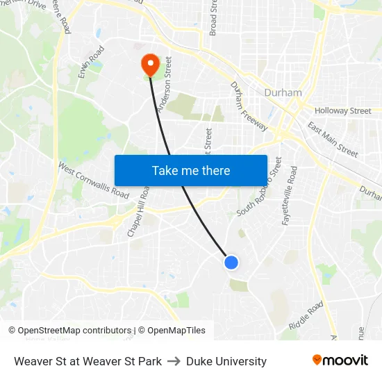Weaver St at Weaver St Park to Duke University map