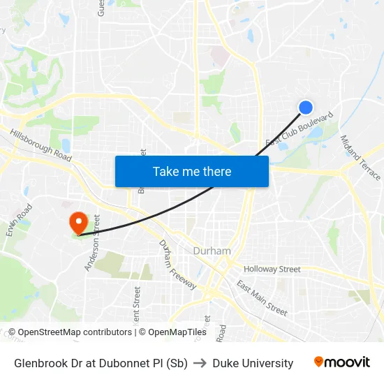 Glenbrook Dr at Dubonnet Pl (Sb) to Duke University map