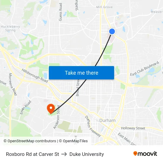 Roxboro Rd at Carver St to Duke University map