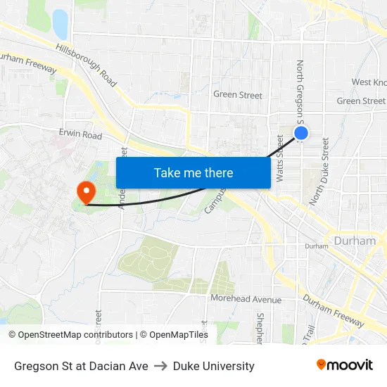 Gregson St at Dacian Ave to Duke University map
