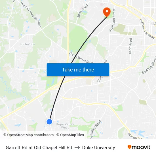 Garrett Rd at Old Chapel Hill Rd to Duke University map