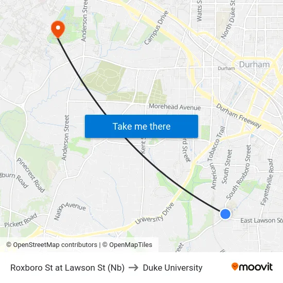 Roxboro St at Lawson St (Nb) to Duke University map