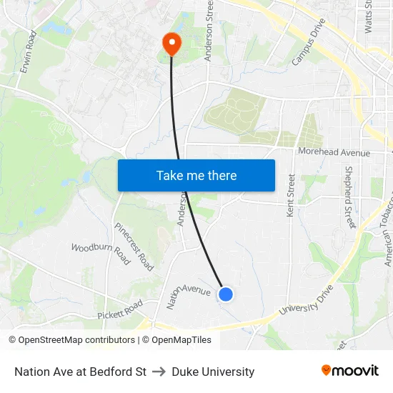 Nation Ave at Bedford St to Duke University map