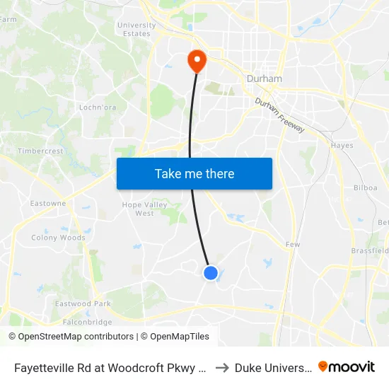 Fayetteville Rd at Woodcroft Pkwy (Sb) to Duke University map