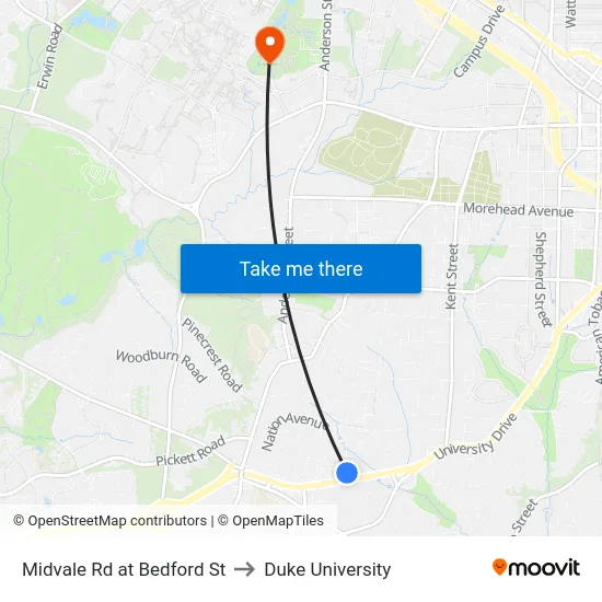 Midvale Rd at Bedford St to Duke University map