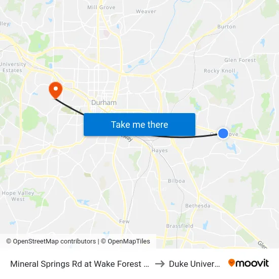 Mineral Springs Rd at Wake Forest Hwy to Duke University map