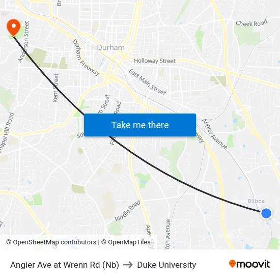 Angier Ave at Wrenn Rd (Nb) to Duke University map