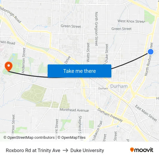 Roxboro Rd at Trinity Ave to Duke University map