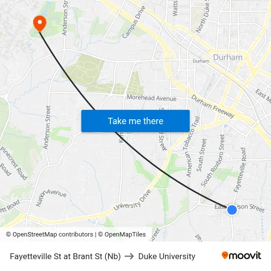Fayetteville St at Brant St (Nb) to Duke University map