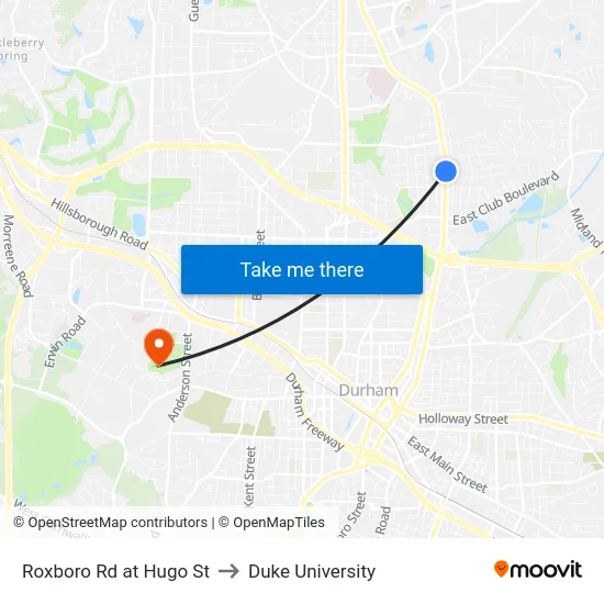 Roxboro Rd at Hugo St to Duke University map