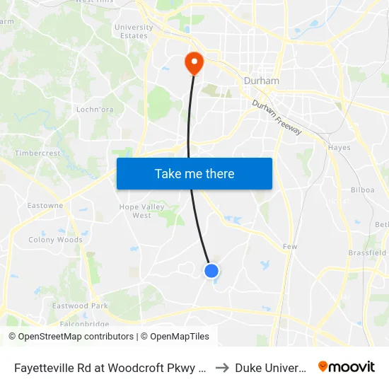 Fayetteville Rd at Woodcroft Pkwy (Nb) to Duke University map