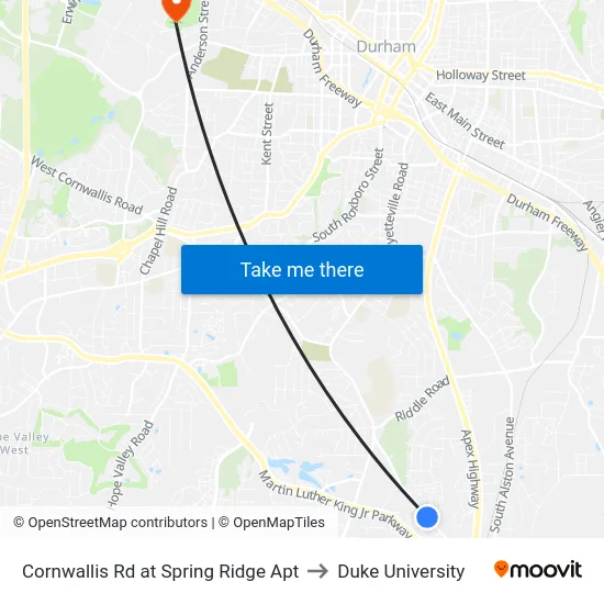 Cornwallis Rd at Spring Ridge Apt to Duke University map
