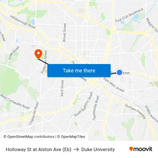 Holloway St at Alston Ave (Eb) to Duke University map