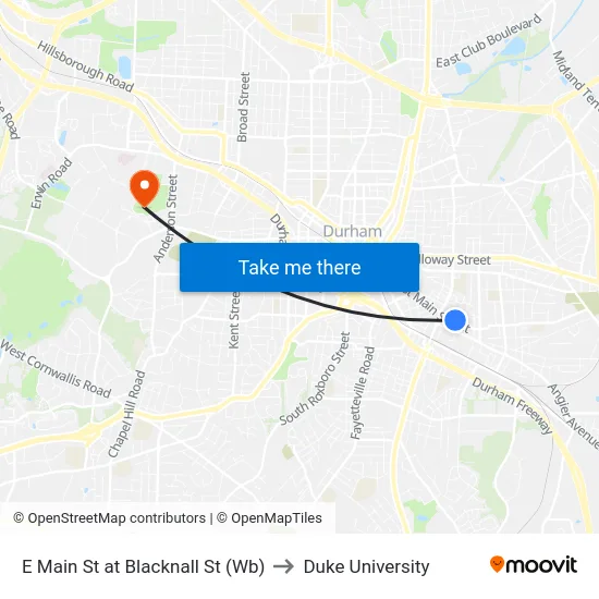 E Main St at Blacknall St (Wb) to Duke University map