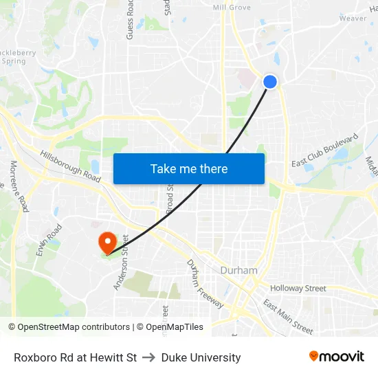 Roxboro Rd at Hewitt St to Duke University map