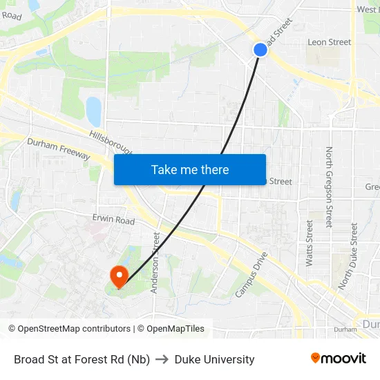 Broad St at Forest Rd (Nb) to Duke University map