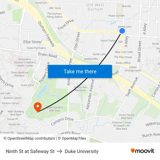 Ninth St at Safeway St to Duke University map