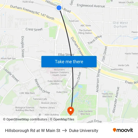 Hillsborough Rd at W Main St to Duke University map