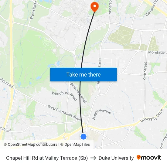 Chapel Hill Rd at Valley Terrace (Sb) to Duke University map