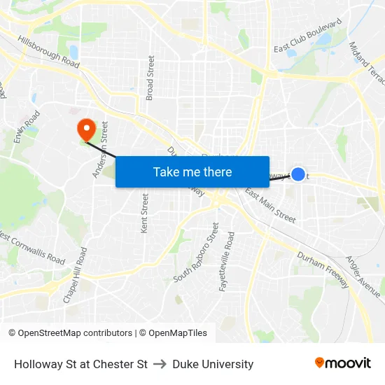 Holloway St at Chester St to Duke University map