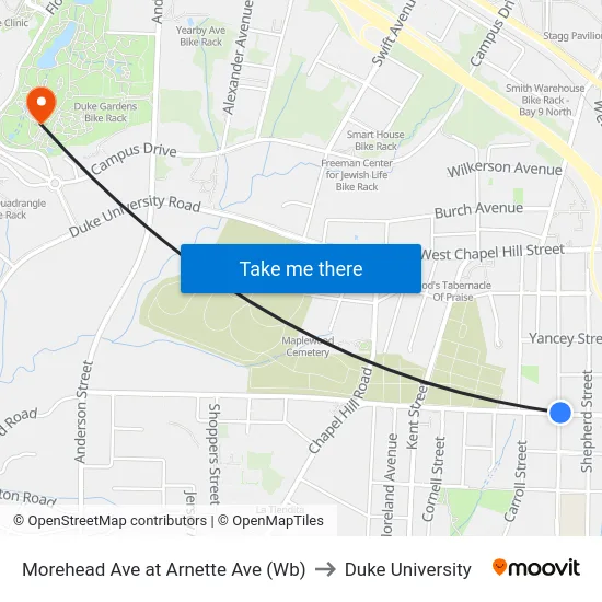 Morehead Ave at Arnette Ave (Wb) to Duke University map