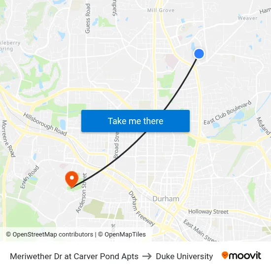 Meriwether Dr at Carver Pond Apts to Duke University map