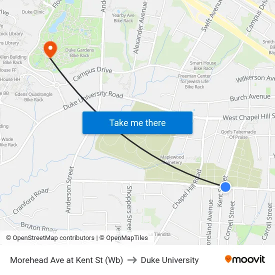 Morehead Ave at Kent St (Wb) to Duke University map