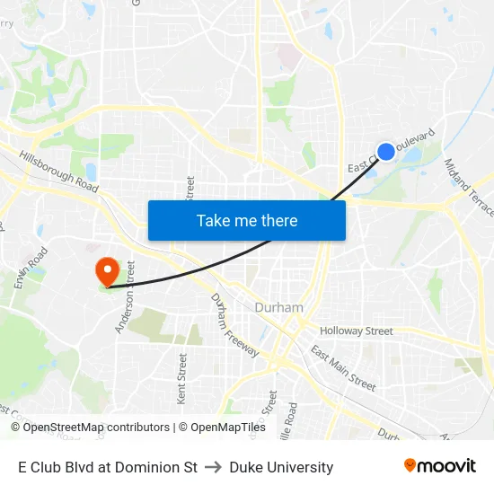 E Club Blvd at Dominion St to Duke University map