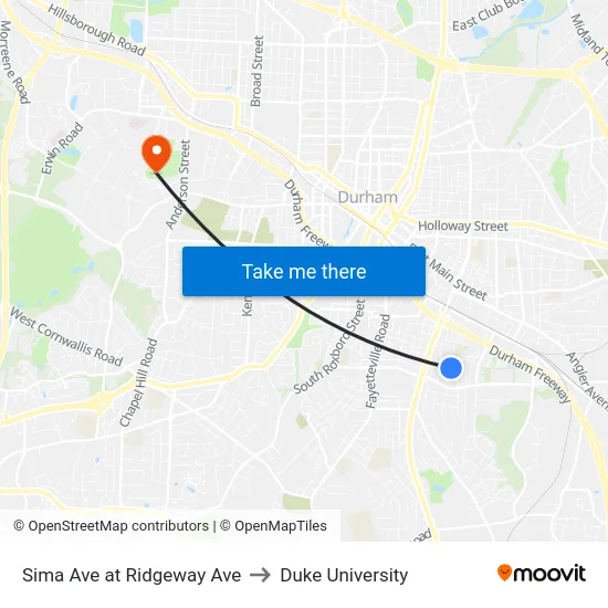 Sima Ave at Ridgeway Ave to Duke University map
