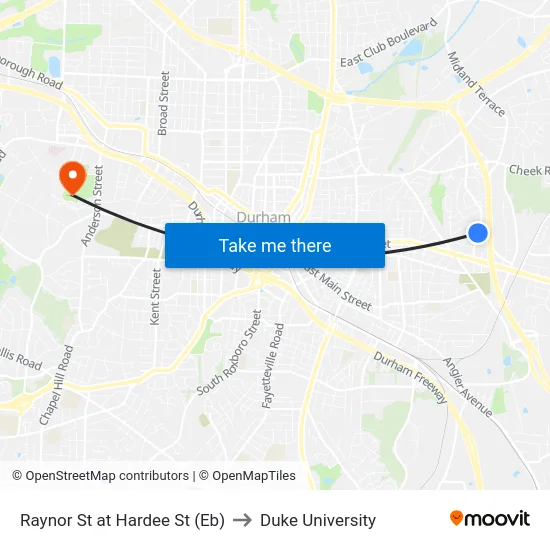 Raynor St at Hardee St (Eb) to Duke University map
