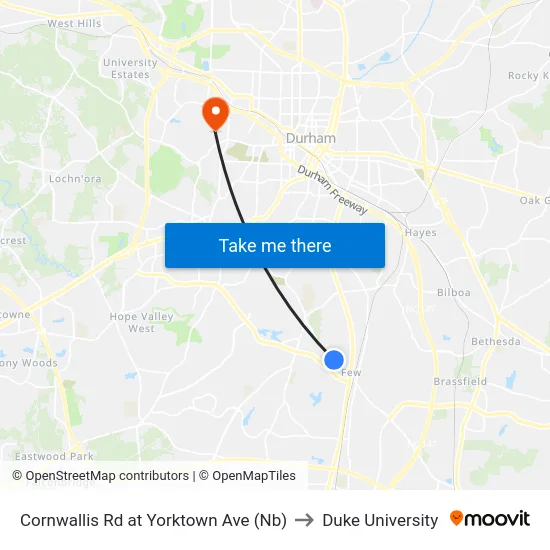 Cornwallis Rd at Yorktown Ave (Nb) to Duke University map