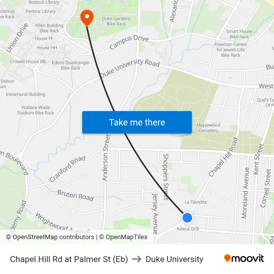 Chapel Hill Rd at Palmer St (Eb) to Duke University map