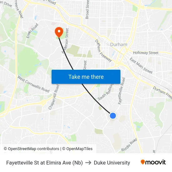 Fayetteville St at Elmira Ave (Nb) to Duke University map