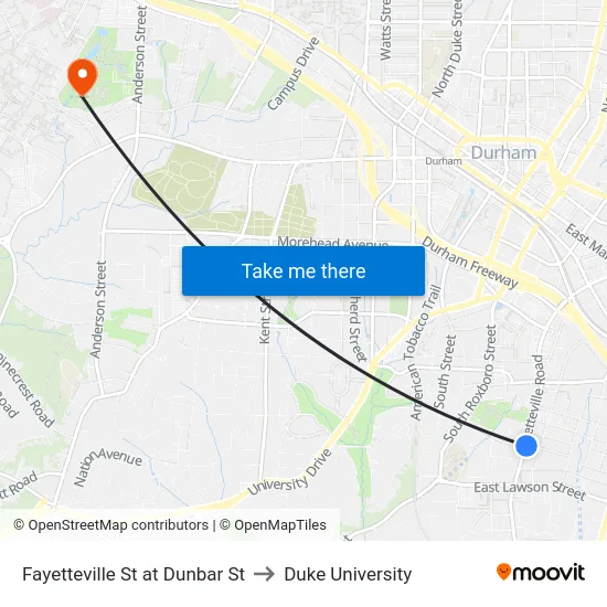Fayetteville St at Dunbar St to Duke University map