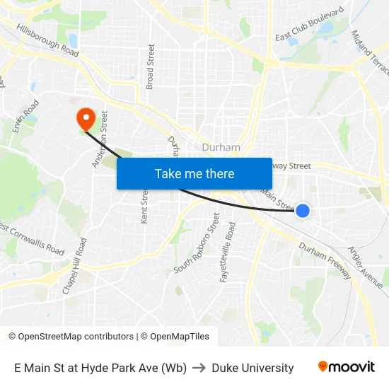 E Main St at Hyde Park Ave (Wb) to Duke University map