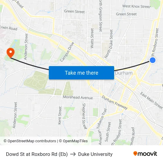Dowd St at Roxboro Rd (Eb) to Duke University map