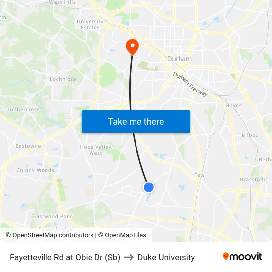 Fayetteville Rd at Obie Dr (Sb) to Duke University map