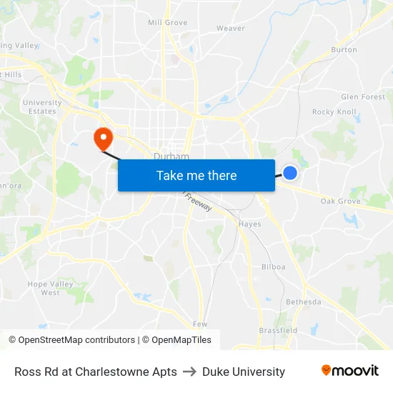 Ross Rd at Charlestowne Apts to Duke University map