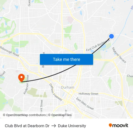 Club Blvd at Dearborn Dr to Duke University map
