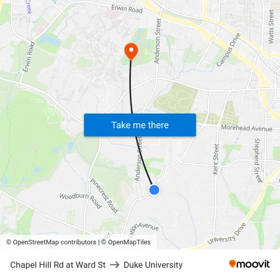 Chapel Hill Rd at Ward St to Duke University map